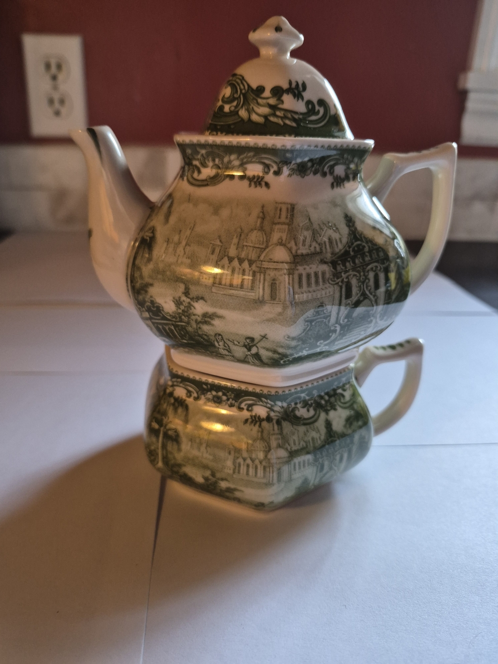 Green and White Ceramic Stacking Teapot and Tea Cup Set - Classic Home Art